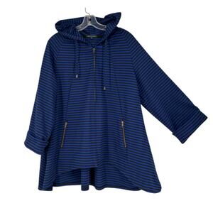 For Cynthia Hooded Swing Jacket Ponte Knit Lagenlook XL Striped Blue Black